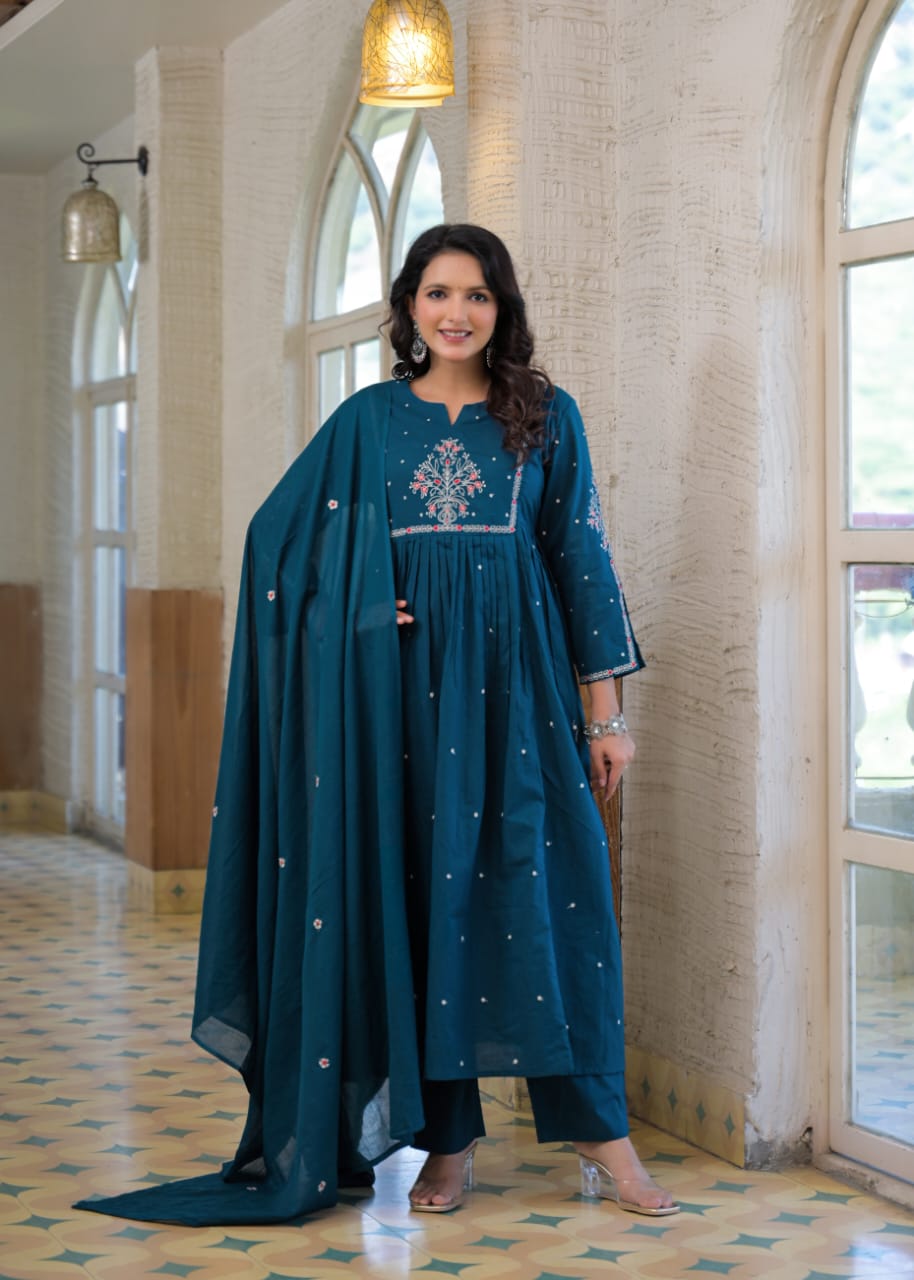 Fuchsia Cotton 60-60 A-Line Anarkali Kurta Set with Fancy Yoke Embroidery & Dupatta