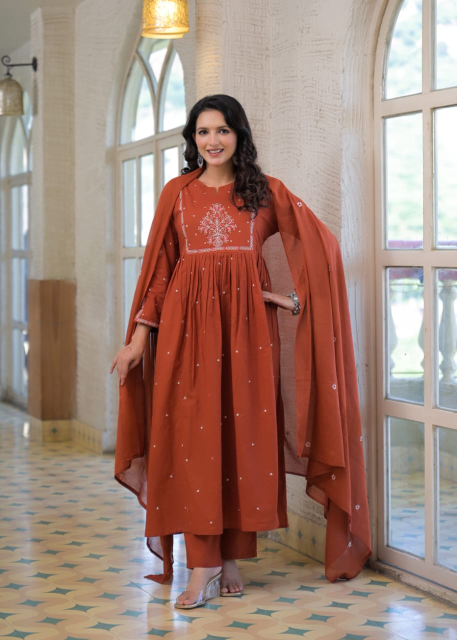 Fuchsia Cotton 60-60 A-Line Anarkali Kurta Set with Fancy Yoke Embroidery & Dupatta