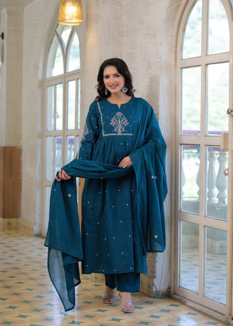 Fuchsia Cotton 60-60 A-Line Anarkali Kurta Set with Fancy Yoke Embroidery & Dupatta