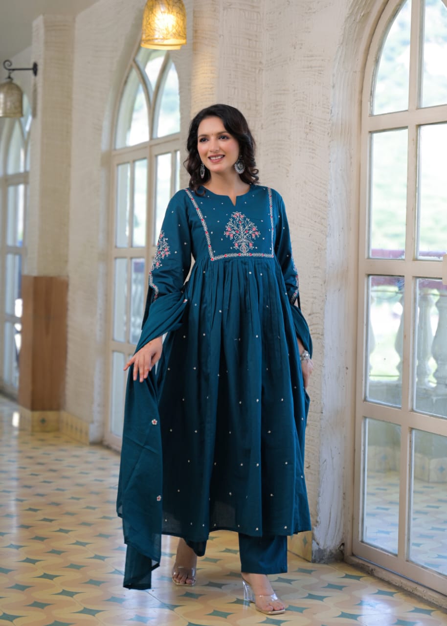 Fuchsia Cotton 60-60 A-Line Anarkali Kurta Set with Fancy Yoke Embroidery & Dupatta