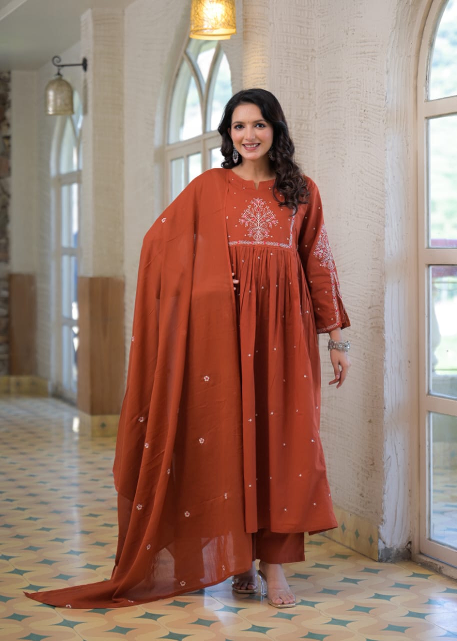 Fuchsia Cotton 60-60 A-Line Anarkali Kurta Set with Fancy Yoke Embroidery & Dupatta