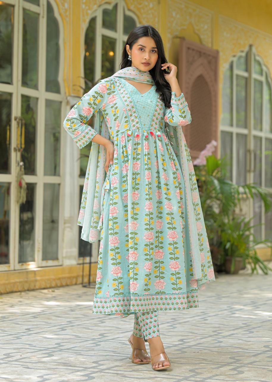 Block Print Anarkali Kurta Set with Matching Pants & Dupatta for Woman