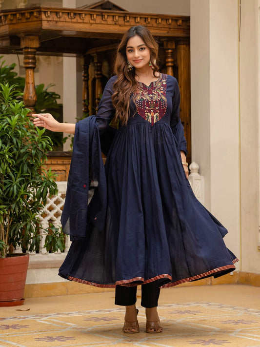 Nav Blue Premium Malmal   Cotton Cutwork Embroidered Anarkali Kurta Set for Women