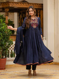 Nav Blue Premium Malmal   Cotton Cutwork Embroidered Anarkali Kurta Set for Women
