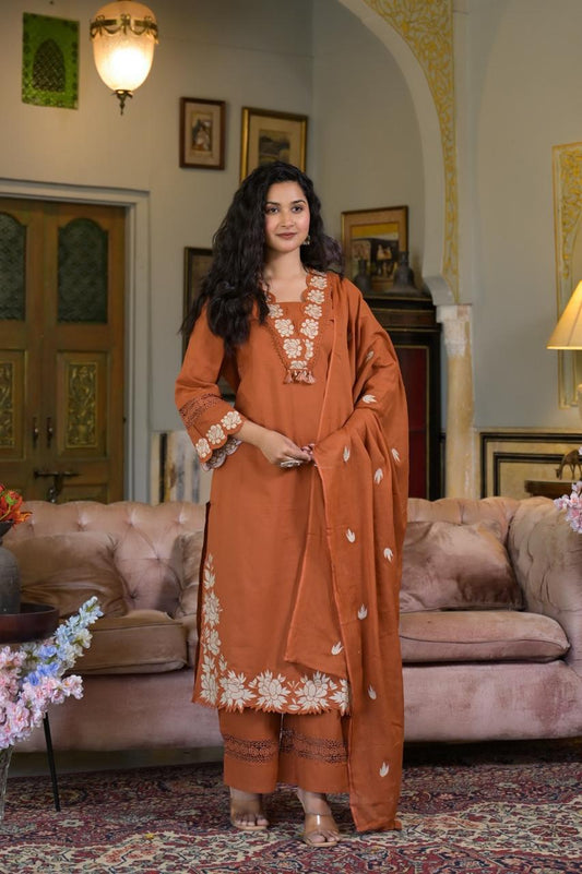 Women’s Burnt cut work Embroidery  Kurta Pant Dupatta Set – Festive Collection