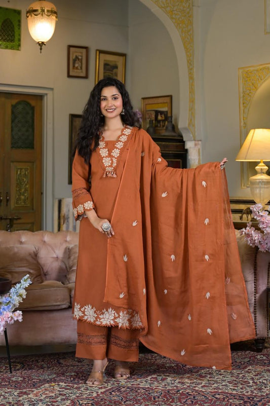 Women’s Burnt cut work Embroidery  Kurta Pant Dupatta Set – Festive Collection