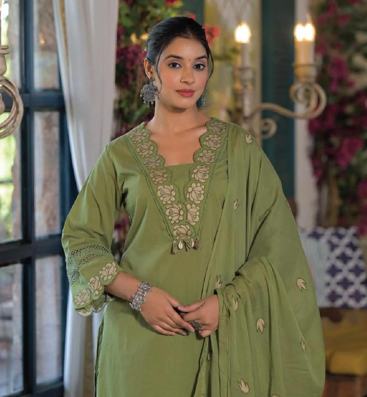 Women’s Burnt cut work Embroidery  Kurta Pant Dupatta Set – Festive Collection
