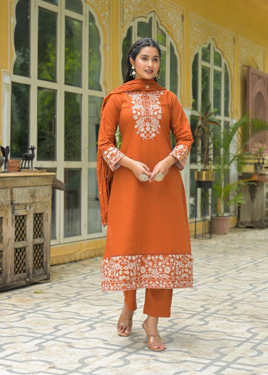 Rust Orange Cotton 60-60 Fully Embroidered Kurta Set for Women with Dupatta