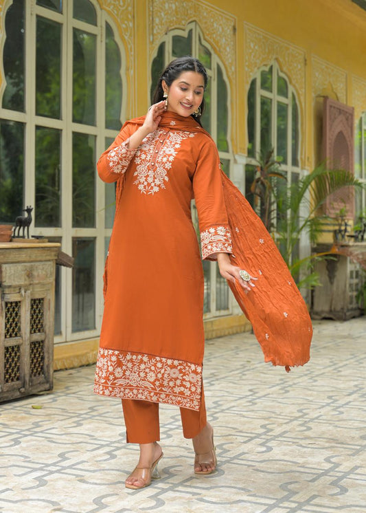 Rust Orange Cotton 60-60 Fully Embroidered Kurta Set for Women with Dupatta