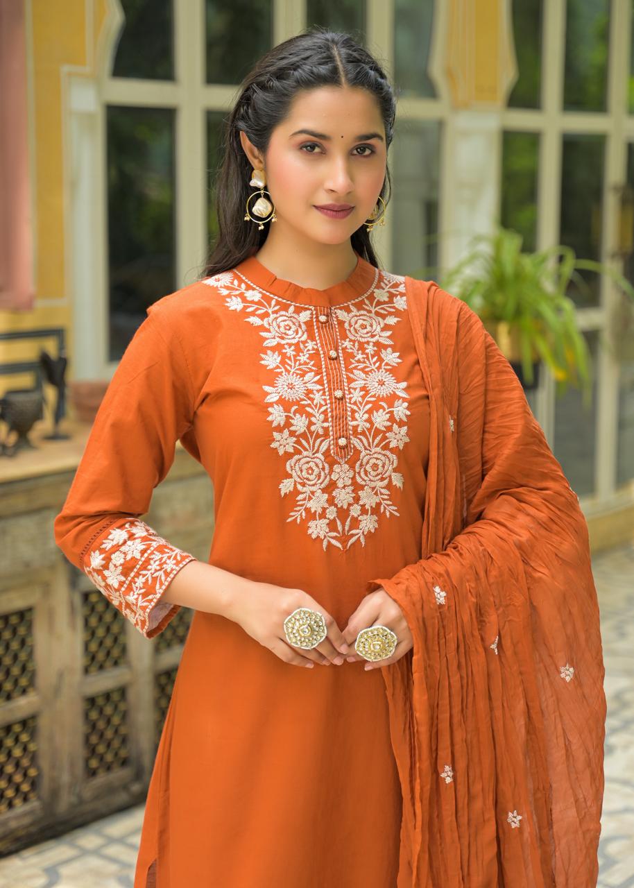 Rust Orange Cotton 60-60 Fully Embroidered Kurta Set for Women with Dupatta