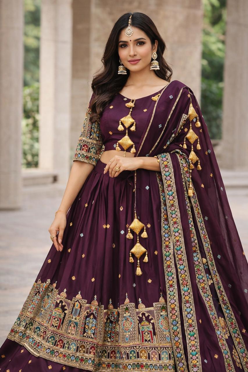 Pure Chinon Silk Sequins & Embroidery Chaniya Choli Set with Cutwork Lehenga A