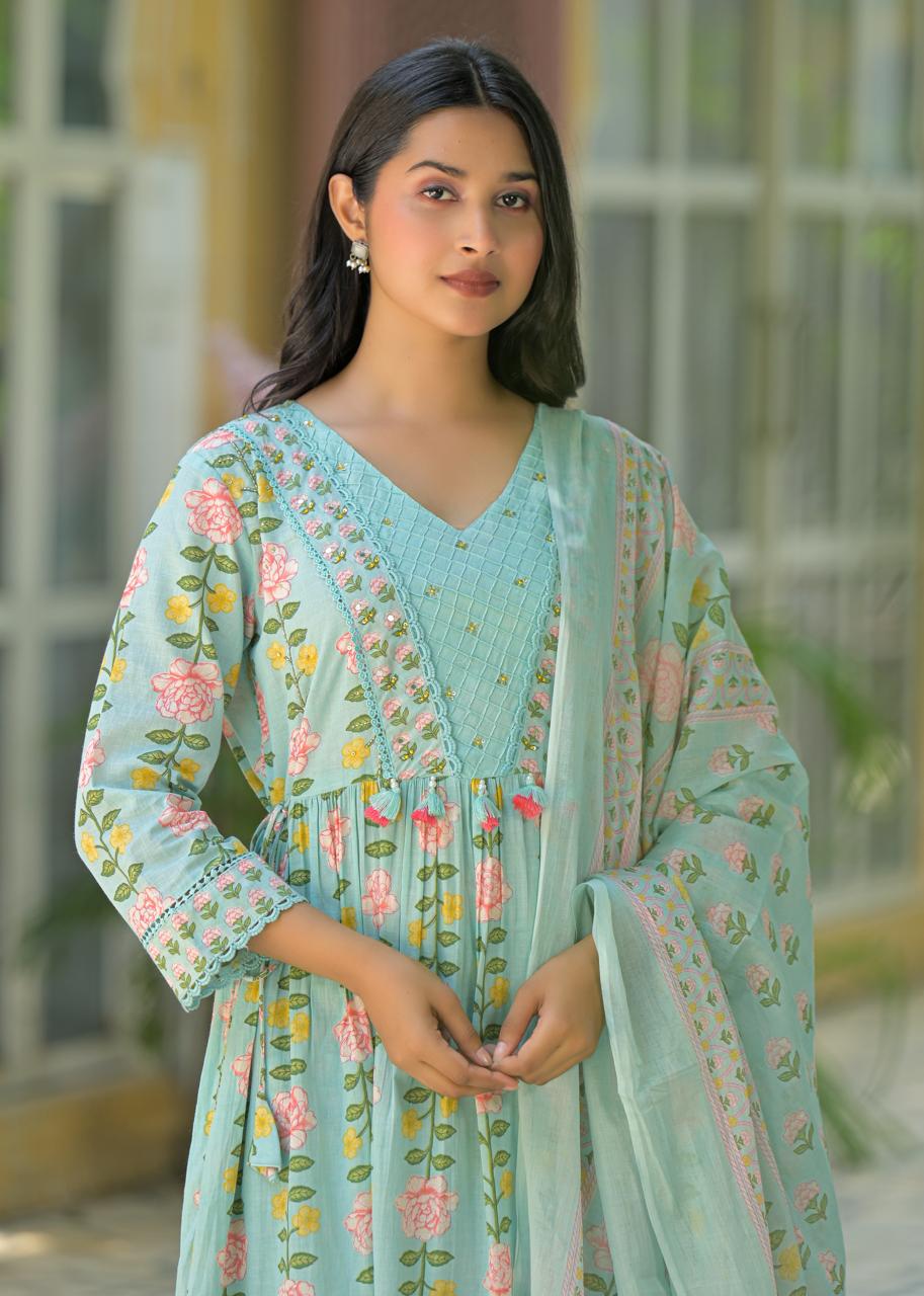 Block Print Anarkali Kurta Set with Matching Pants & Dupatta for Woman