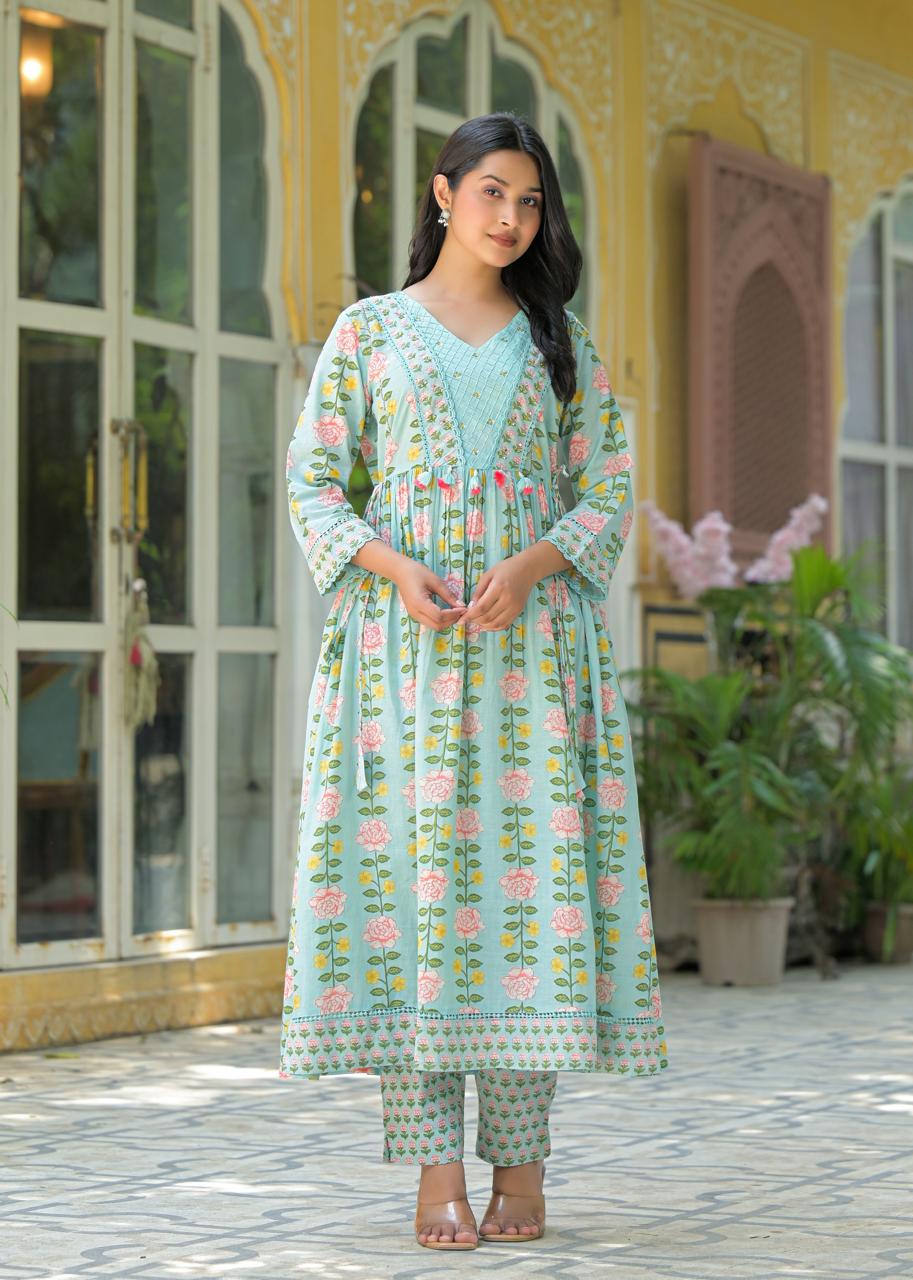 Block Print Anarkali Kurta Set with Matching Pants & Dupatta for Woman
