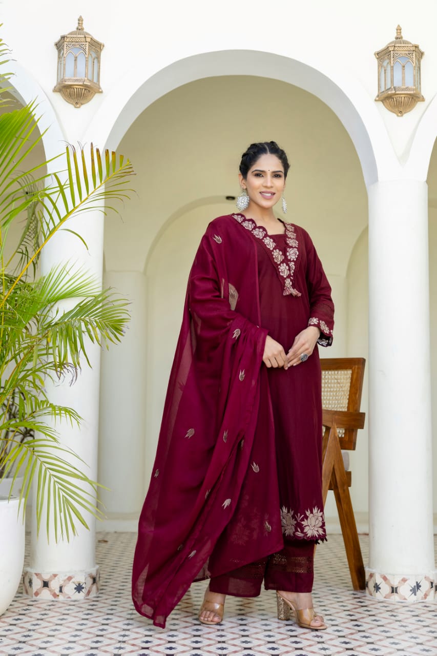 Elegant Wine Patchwork Kurta Set with Dupatta – Festive & Party Wear Ethnic Wear