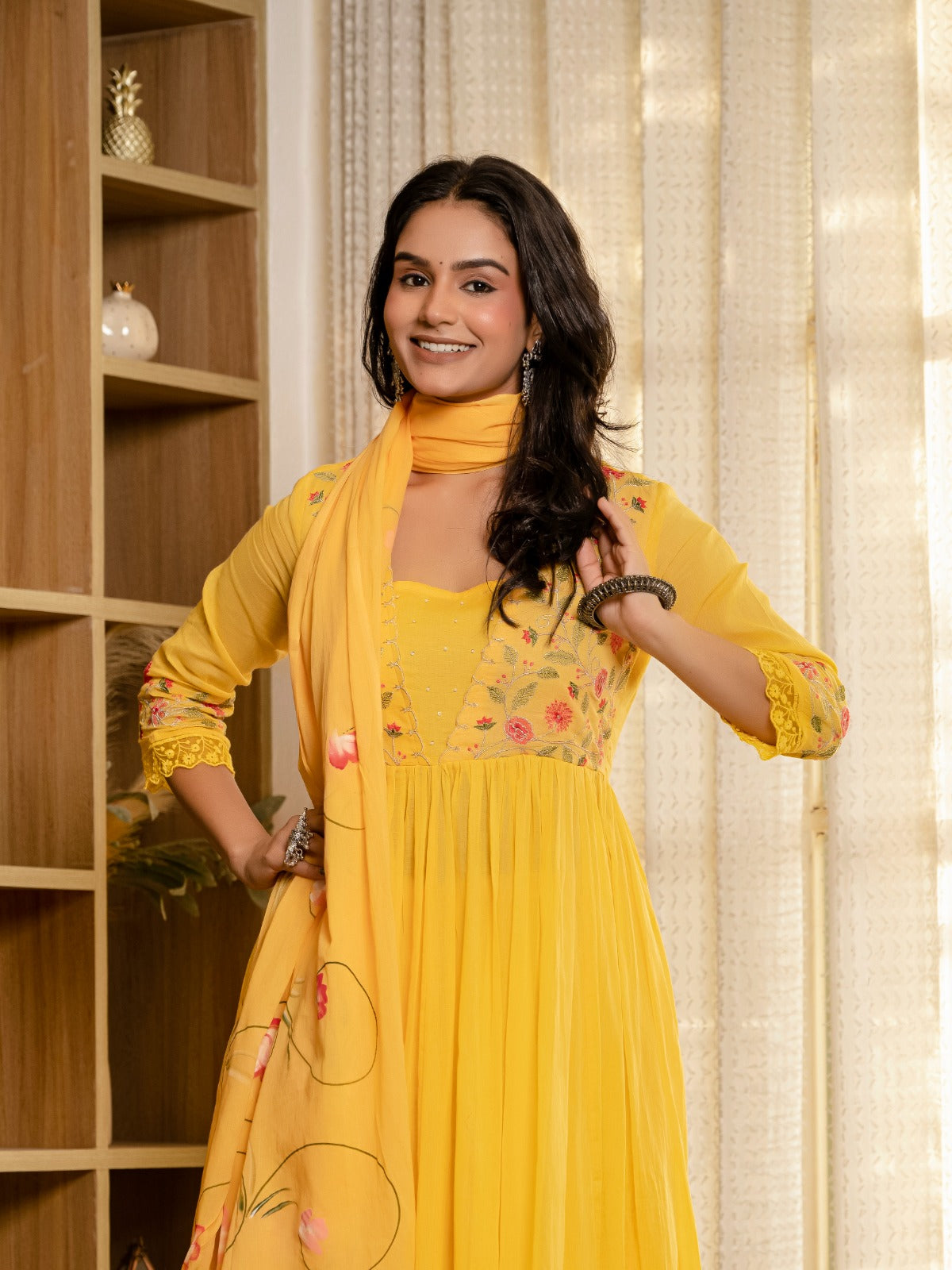 Embroidered Cotton A-Line Kurta Set with Digital Print Dupatta