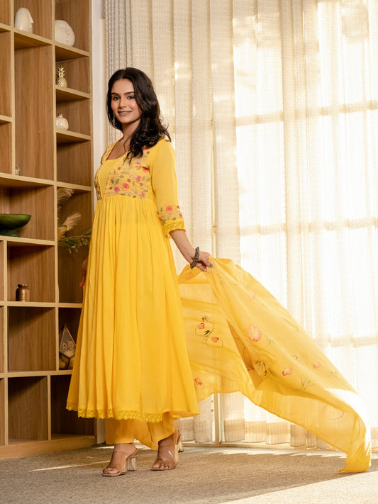 Embroidered Cotton A-Line Kurta Set with Digital Print Dupatta