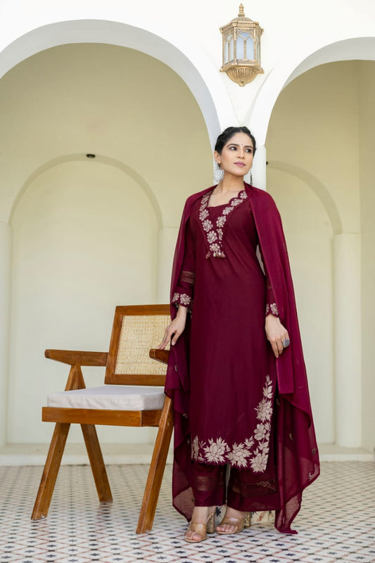 Elegant Wine Patchwork Kurta Set with Dupatta – Festive & Party Wear Ethnic Wear
