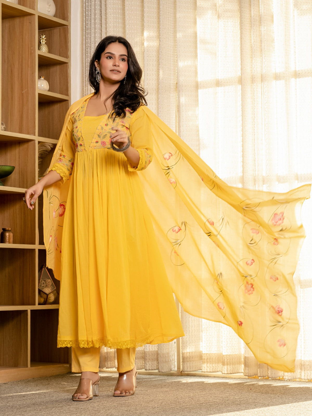 Embroidered Cotton A-Line Kurta Set with Digital Print Dupatta