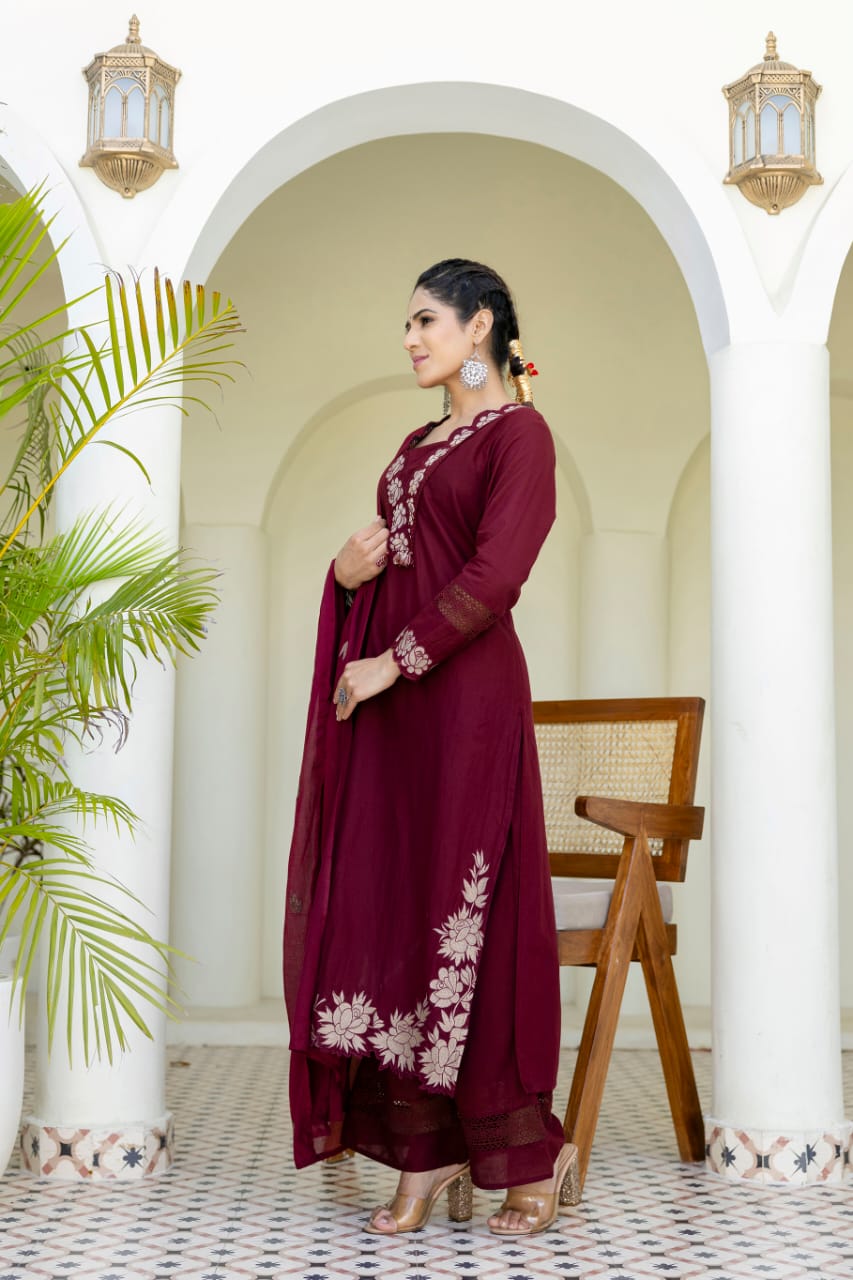 Elegant Wine Patchwork Kurta Set with Dupatta – Festive & Party Wear Ethnic Wear