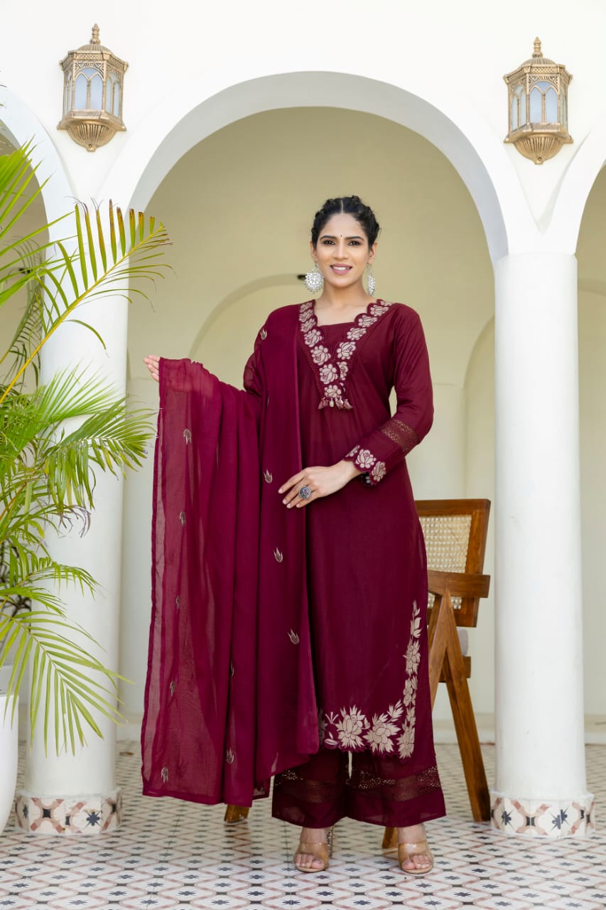 Elegant Wine Patchwork Kurta Set with Dupatta – Festive & Party Wear Ethnic Wear