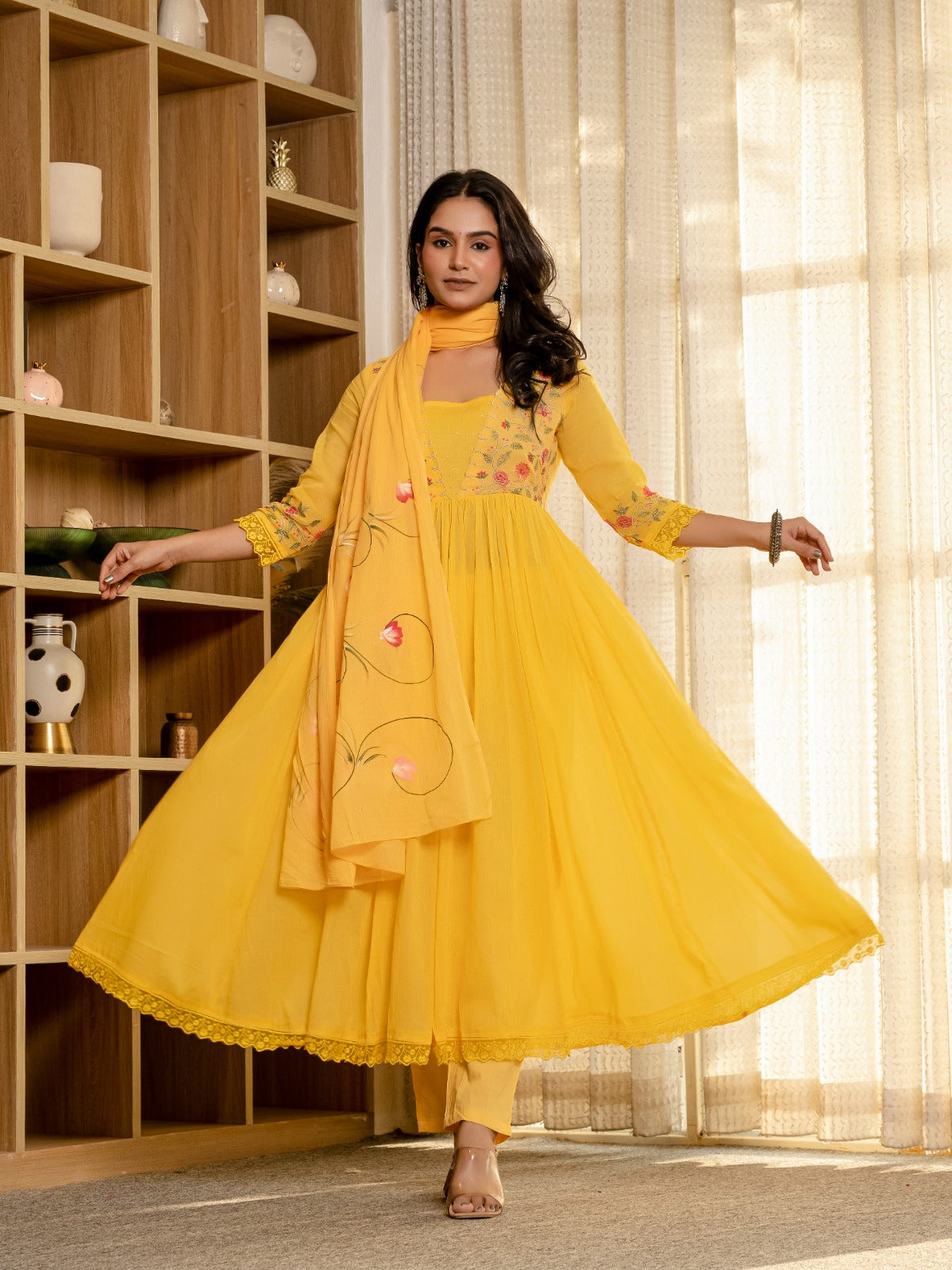 Embroidered Cotton A-Line Kurta Set with Digital Print Dupatta