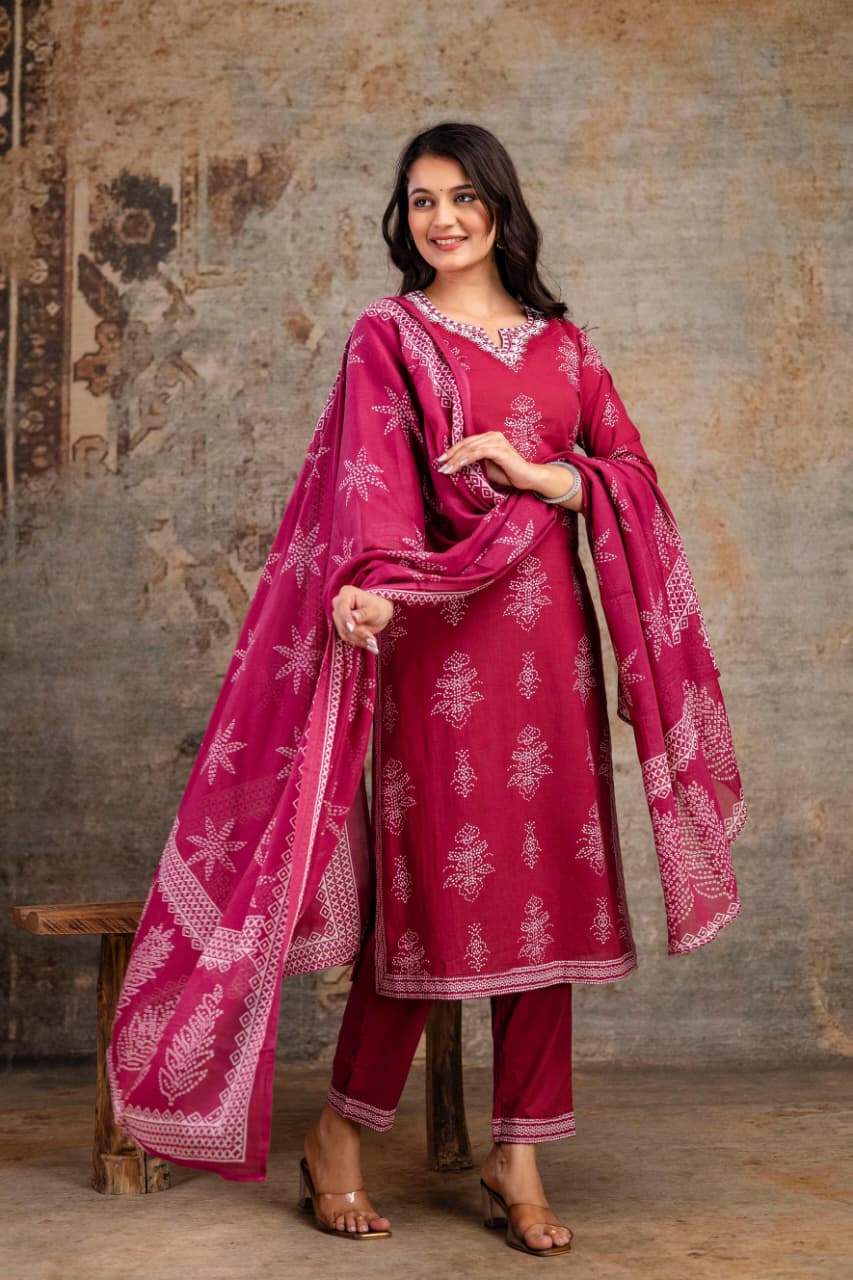 Cotton Block Print Suit Set with Dupatta – Ethnic Wear for Women