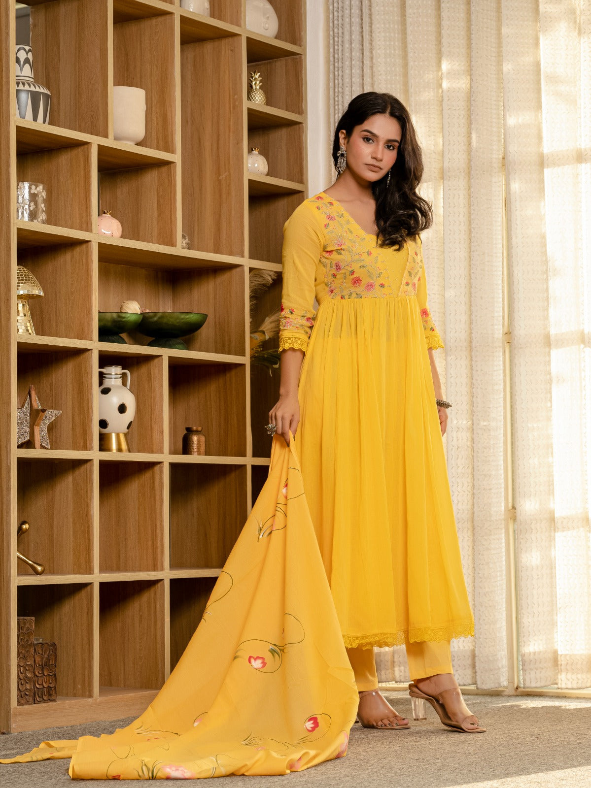 Embroidered Cotton A-Line Kurta Set with Digital Print Dupatta