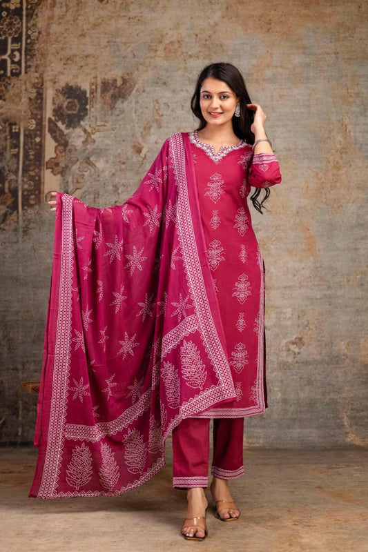 Cotton Block Print Suit Set with Dupatta – Ethnic Wear for Women