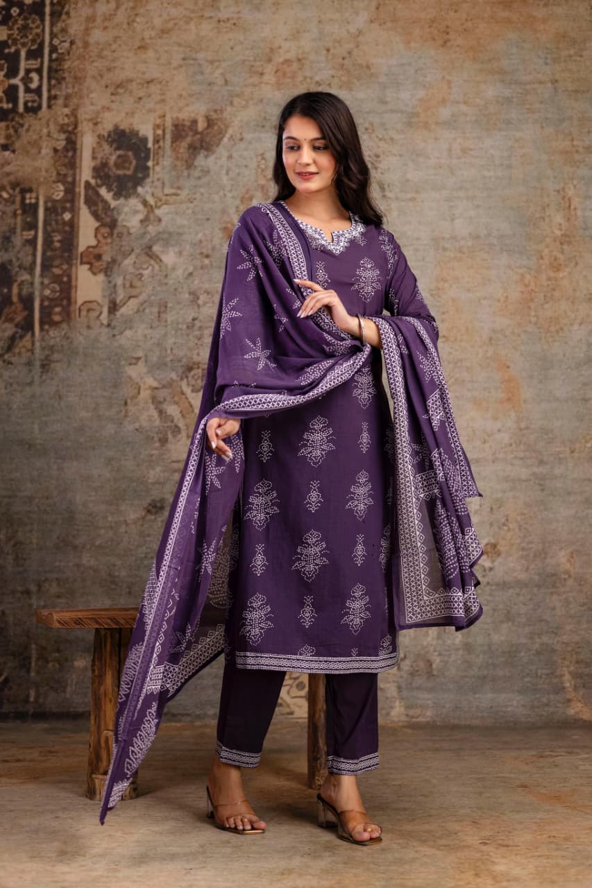 Cotton Block Print Suit Set with Dupatta – Ethnic Wear for Women