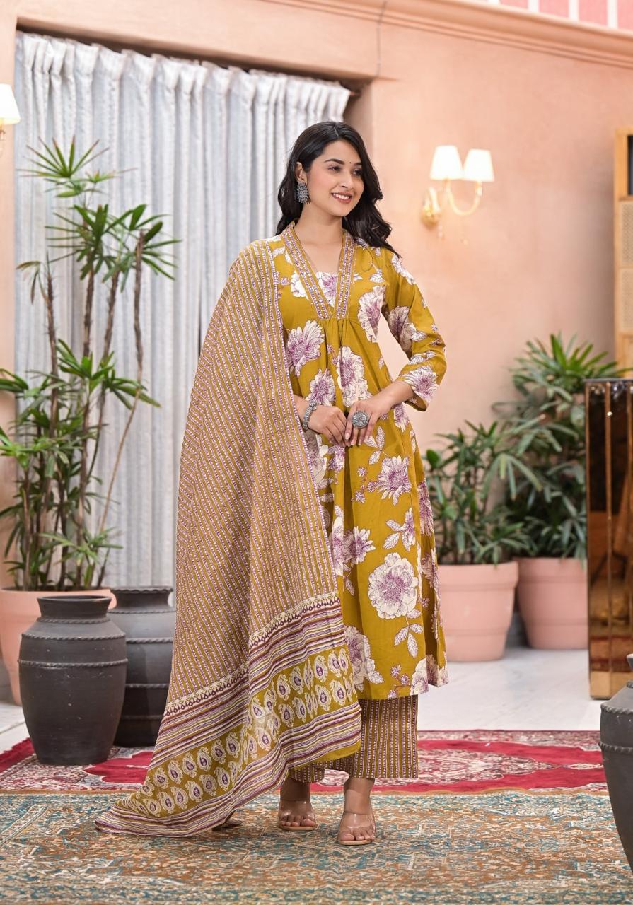 Cotton Fabric  Embroidered neckline  3 Piece Suit Set for Women – Kurta, Pant & Dupatta