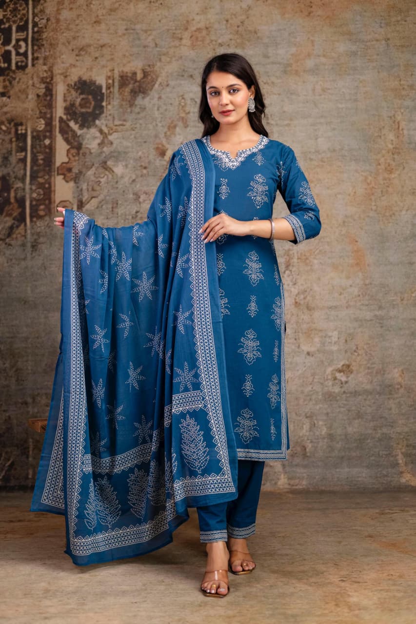 Cotton Block Print Suit Set with Dupatta – Ethnic Wear for Women