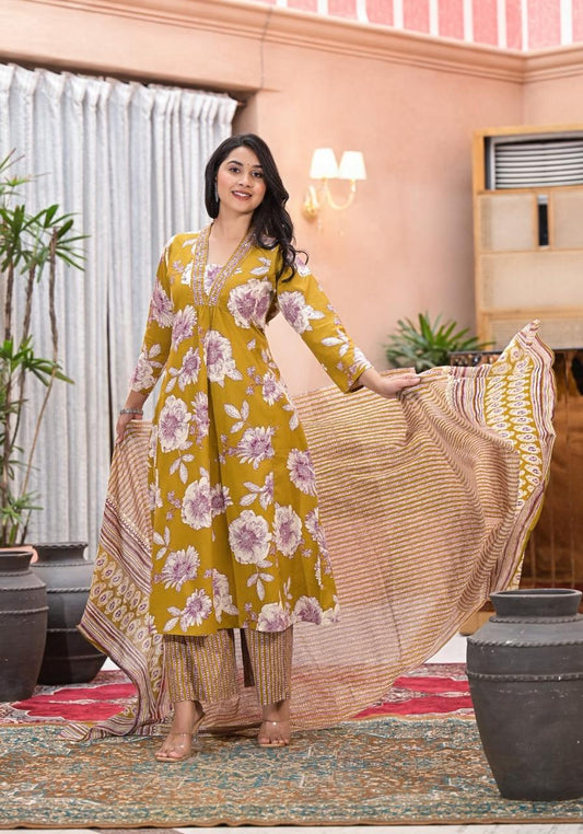 Cotton Fabric  Embroidered neckline  3 Piece Suit Set for Women – Kurta, Pant & Dupatta