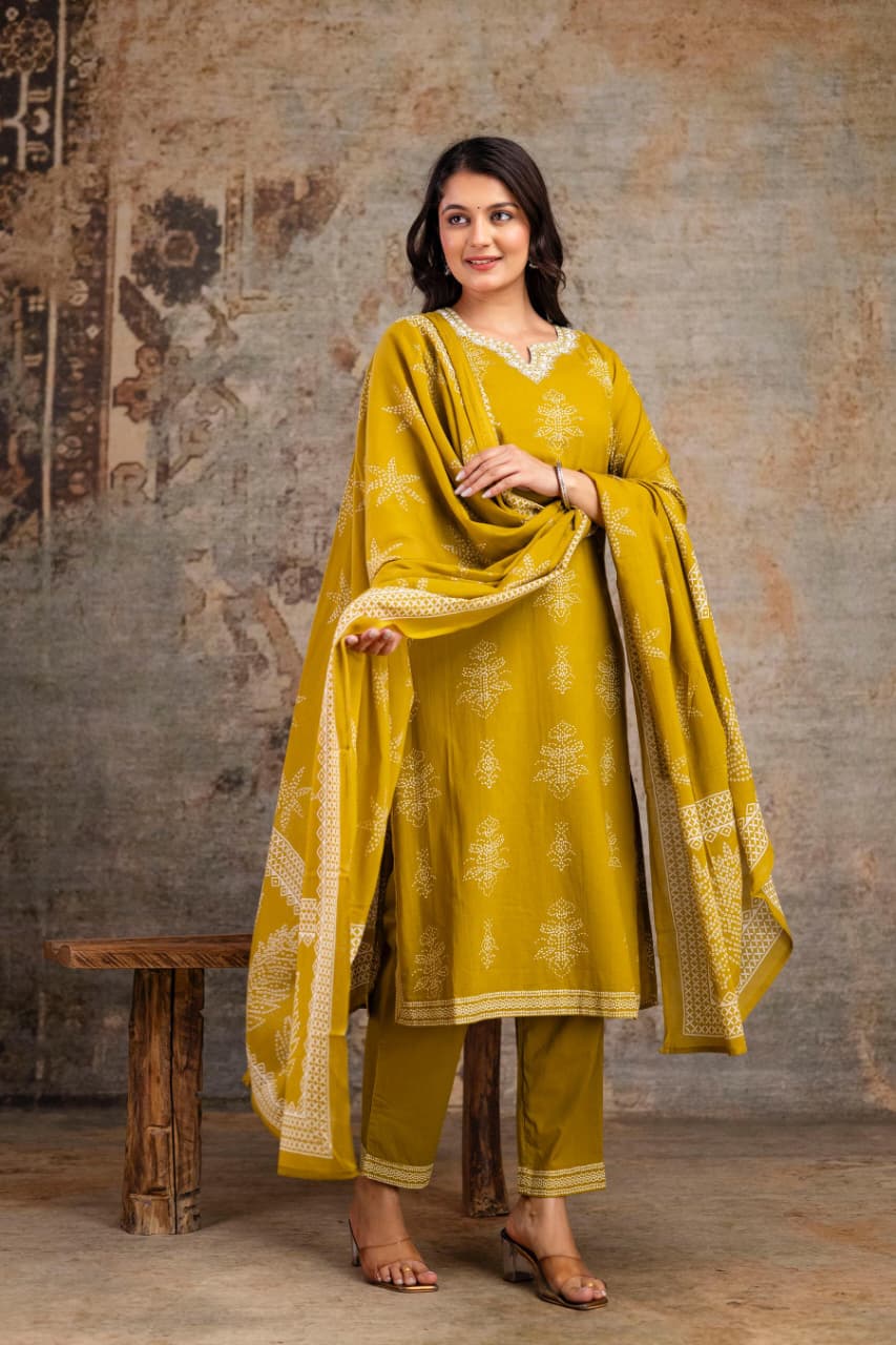 Cotton Block Print Suit Set with Dupatta – Ethnic Wear for Women