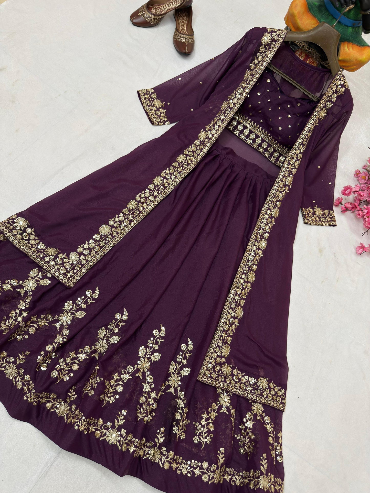 Elegant Wine Color Embroidered Indowestern Lehenga Set with Shrug Zari & Sequin Work Fully Stitched