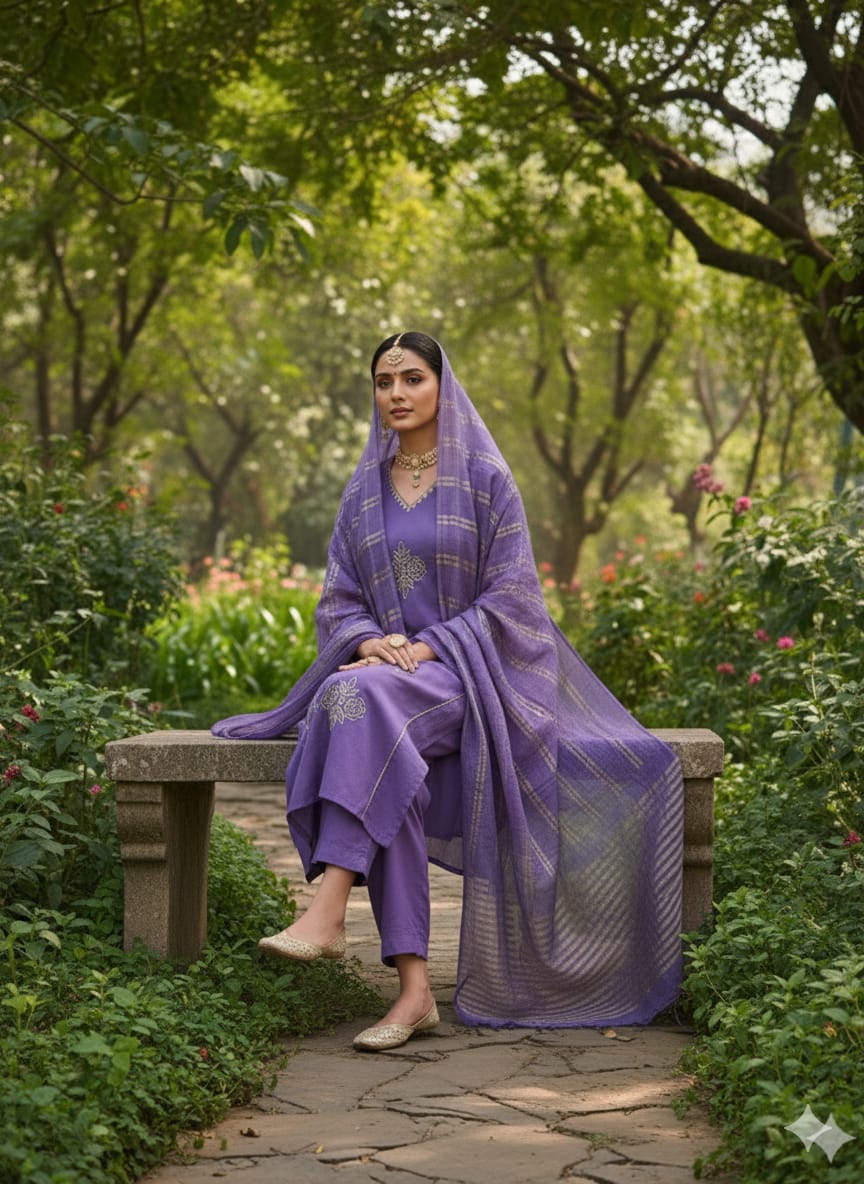 Priya Premium Mul Chanderi Embroidered Suit Set with Banarasi Jacquard Dupatta