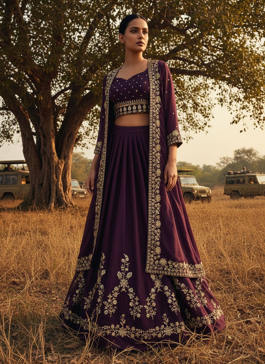 Elegant Wine Color Embroidered Indowestern Lehenga Set with Shrug Zari & Sequin Work Fully Stitched