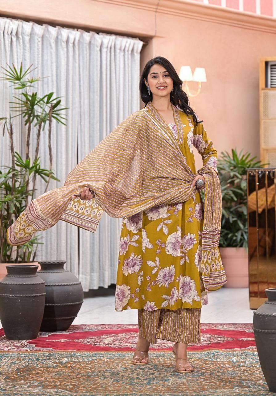 Cotton Fabric  Embroidered neckline  3 Piece Suit Set for Women – Kurta, Pant & Dupatta