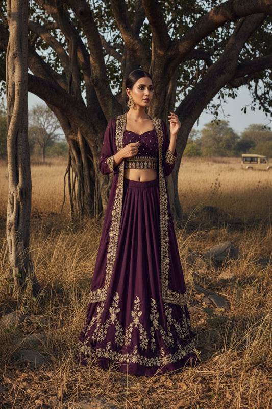 Elegant Wine Color Embroidered Indowestern Lehenga Set with Shrug Zari & Sequin Work Fully Stitched