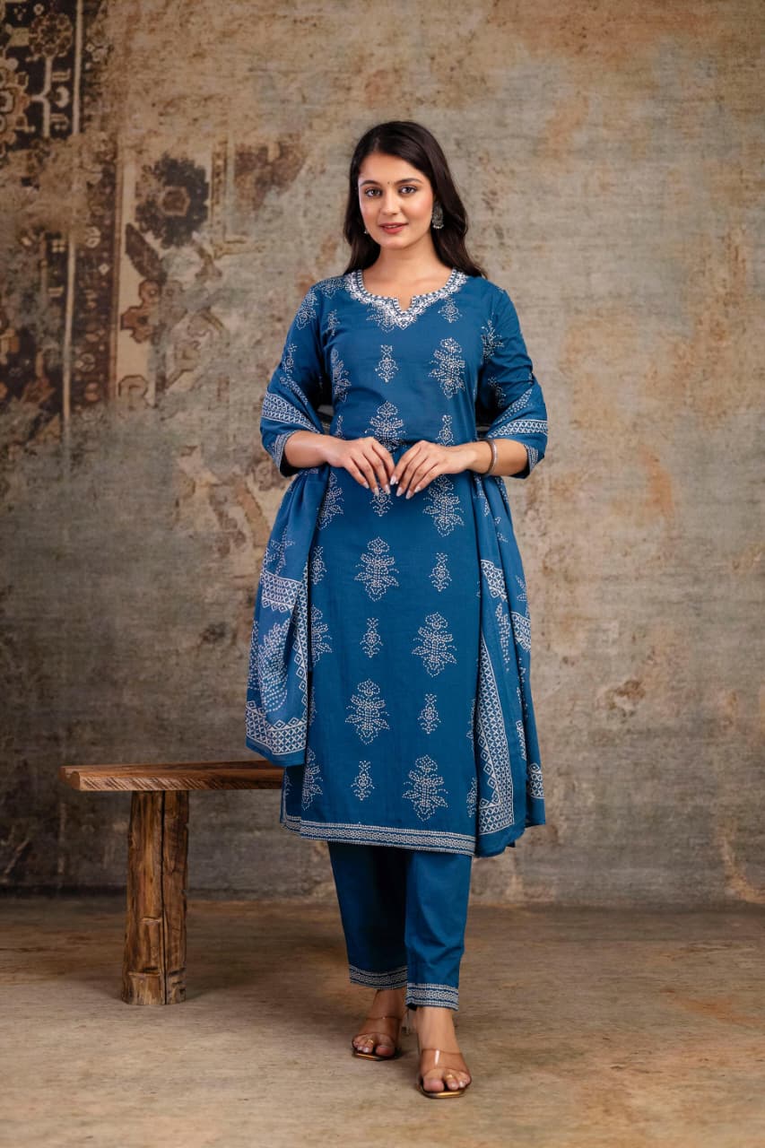 Cotton Block Print Suit Set with Dupatta – Ethnic Wear for Women