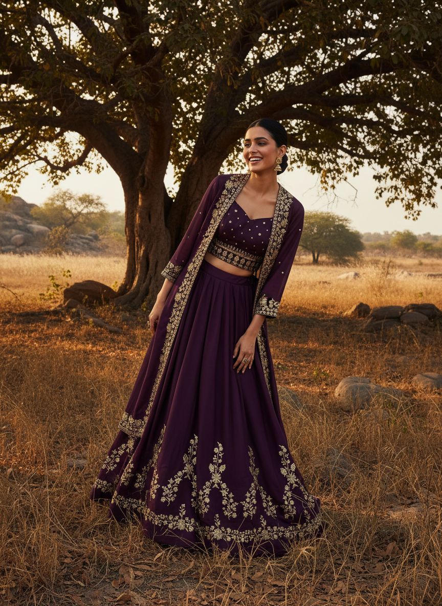 Elegant Wine Color Embroidered Indowestern Lehenga Set with Shrug Zari & Sequin Work Fully Stitched