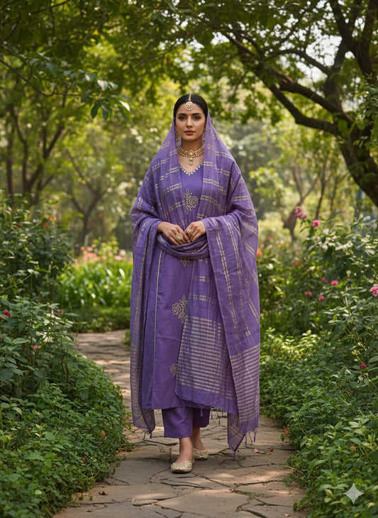 Priya Premium Mul Chanderi Embroidered Suit Set with Banarasi Jacquard Dupatta