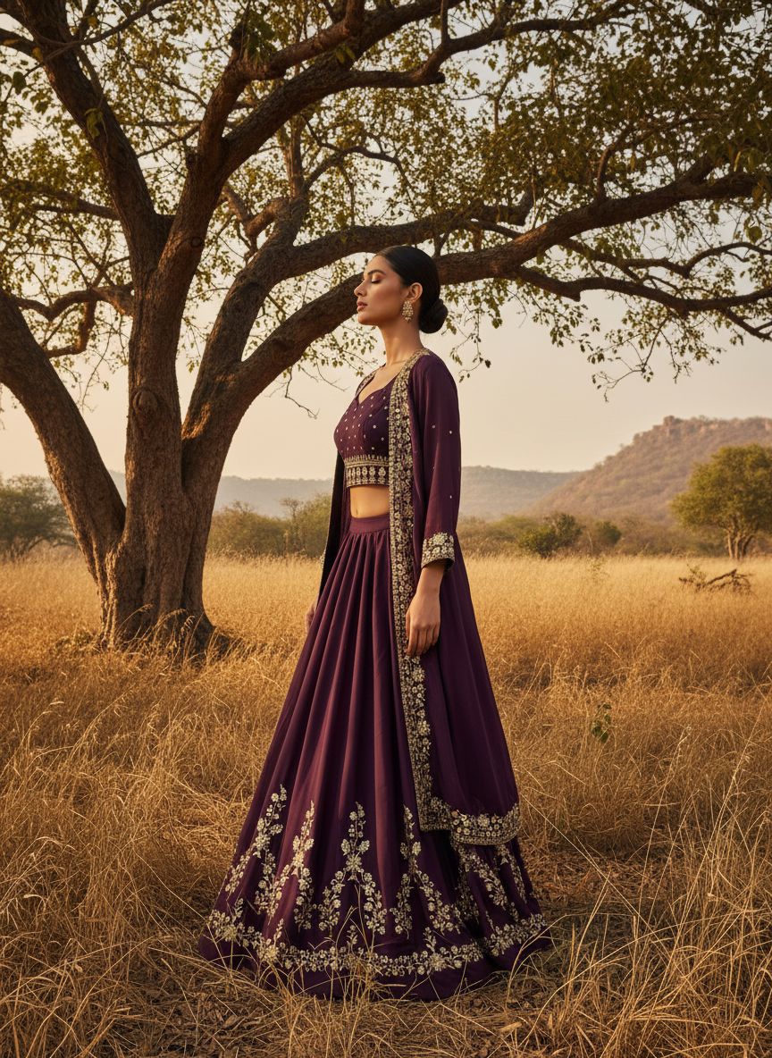 Elegant Wine Color Embroidered Indowestern Lehenga Set with Shrug Zari & Sequin Work Fully Stitched