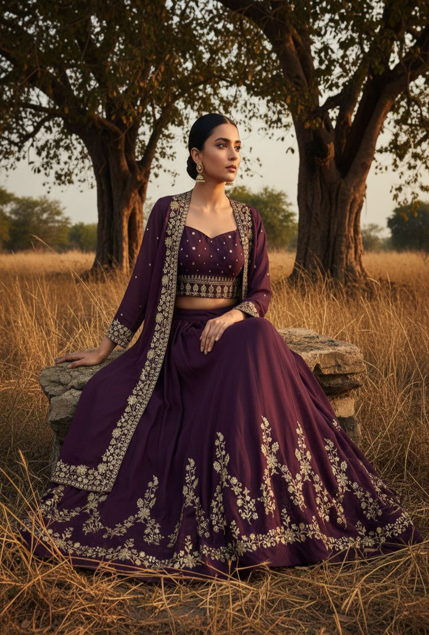 Elegant Wine Color Embroidered Indowestern Lehenga Set with Shrug Zari & Sequin Work Fully Stitched