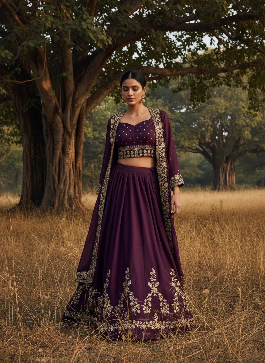 Elegant Wine Color Embroidered Indowestern Lehenga Set with Shrug Zari & Sequin Work Fully Stitched