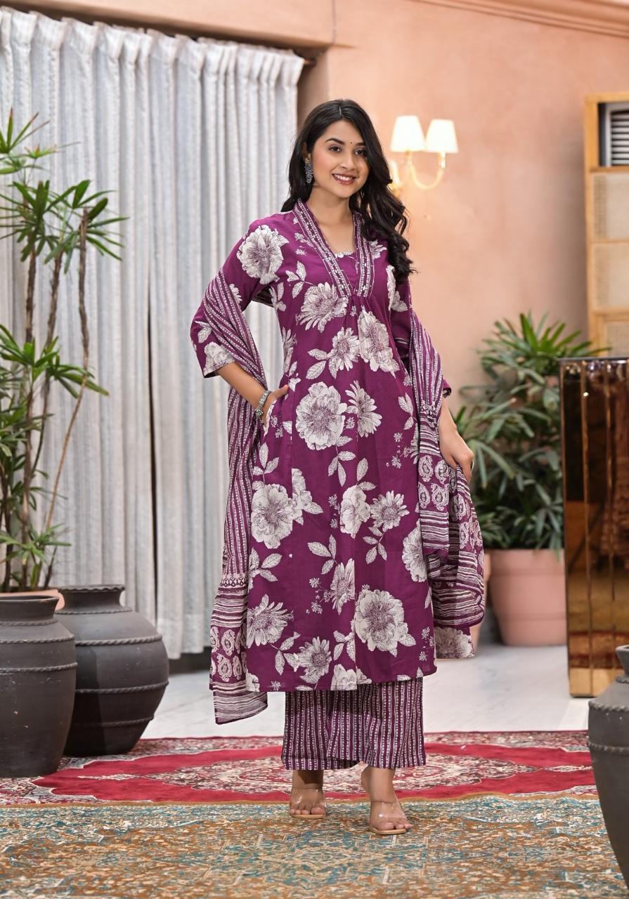 Cotton Fabric  Embroidered neckline  3 Piece Suit Set for Women – Kurta, Pant & Dupatta