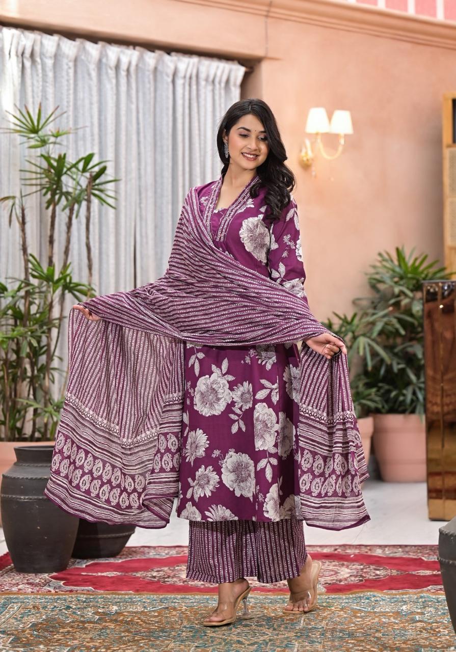 Cotton Fabric  Embroidered neckline  3 Piece Suit Set for Women – Kurta, Pant & Dupatta