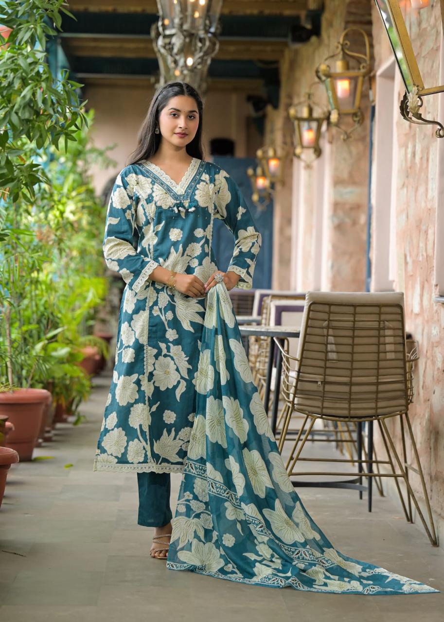 Woman Lace with beat work Printed   Floral kurta Pant  with Dupatta