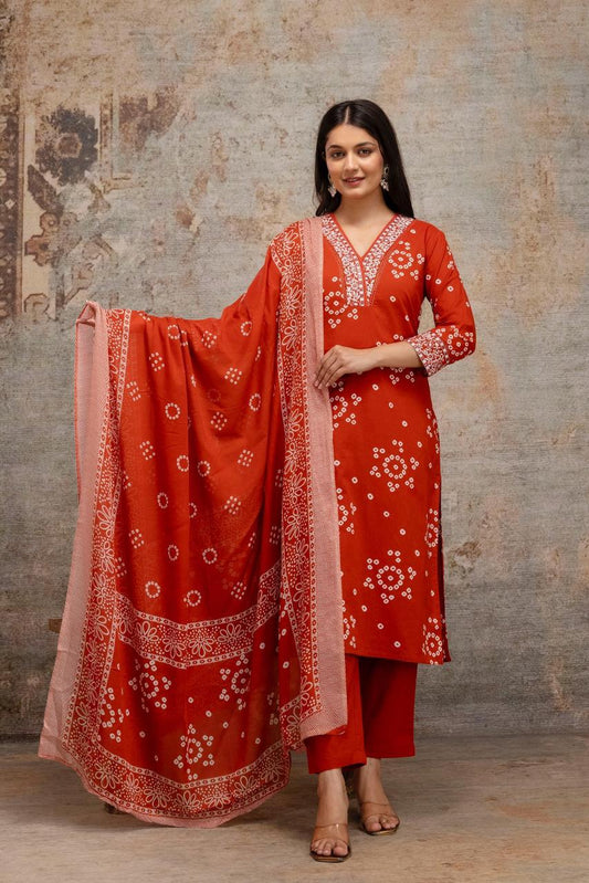 Elegant Neck embroidery with sleeves embroidery 3-Piece Suit Set with Dupatta & Bottom – Cotton Fabric