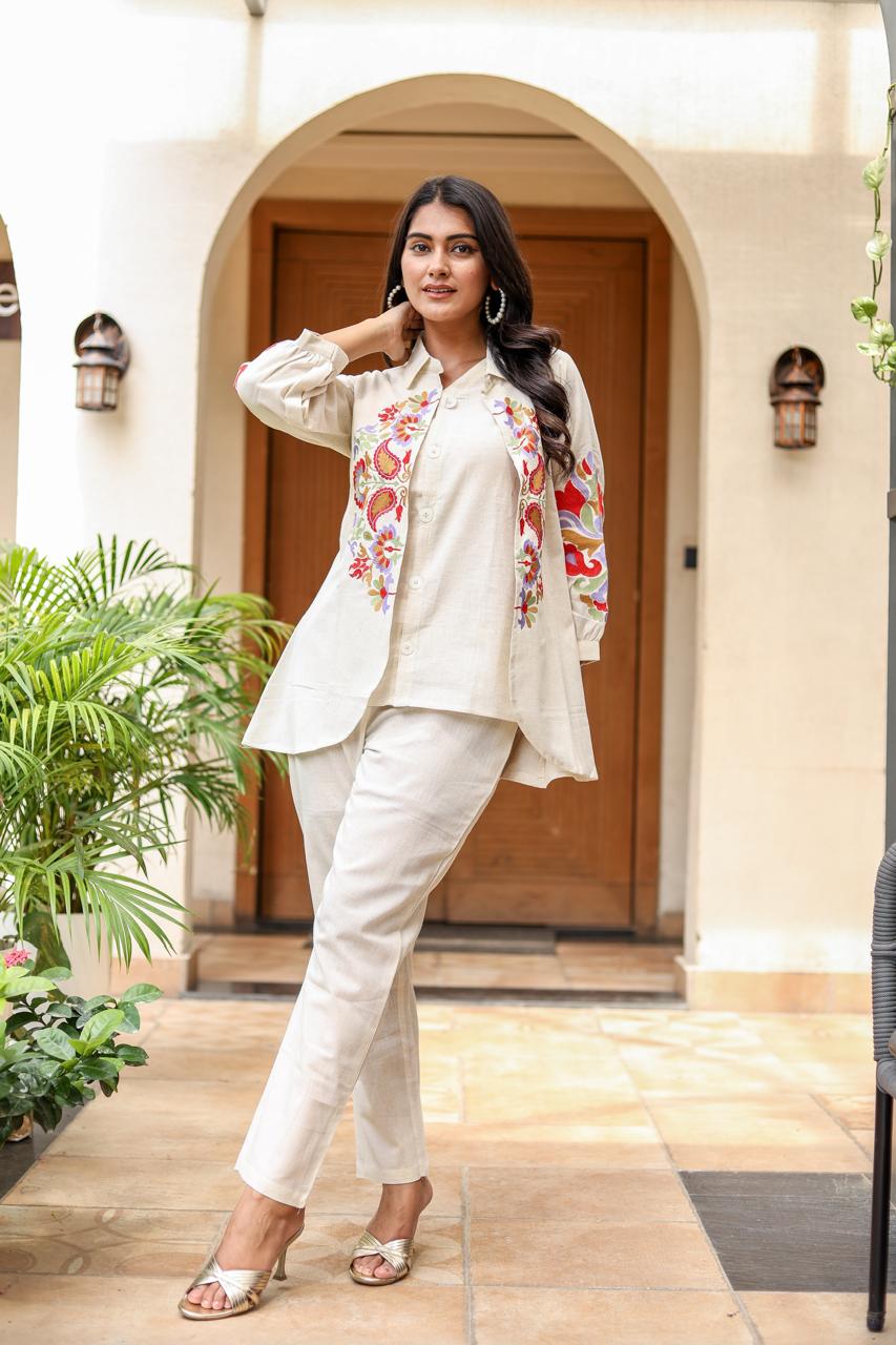 Designer Embroidered Jacket with Matching Pants & Inner Top