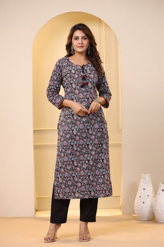 Women’s Cotton Printed Straight Kurti with Contrast Dupatta 3/4 Sleeve  Comfortable Daily Wear